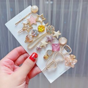 8-piece set – Cherry Blossom Powder Alloy Colorful Hair Card Headpiece Pearl Water Diamond Clip Set