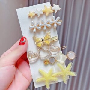 6-piece set – Yellow alloy colored hair clip headpiece pearl rhinestone clip set