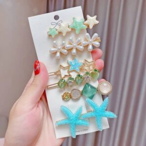 6-piece set – Fresh green alloy colored hair clip headwear pearl rhinestone clip set