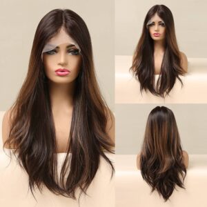 Middle part wavy hair wig hand hook highlights lace wig