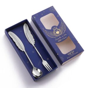 304 Stainless Steel Feather Spoon Fork Literary Tableware,Style: 2 In 1