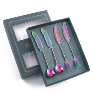 304 Stainless Steel Feather Spoon Fork Literary Tableware,Style: 4 In 1