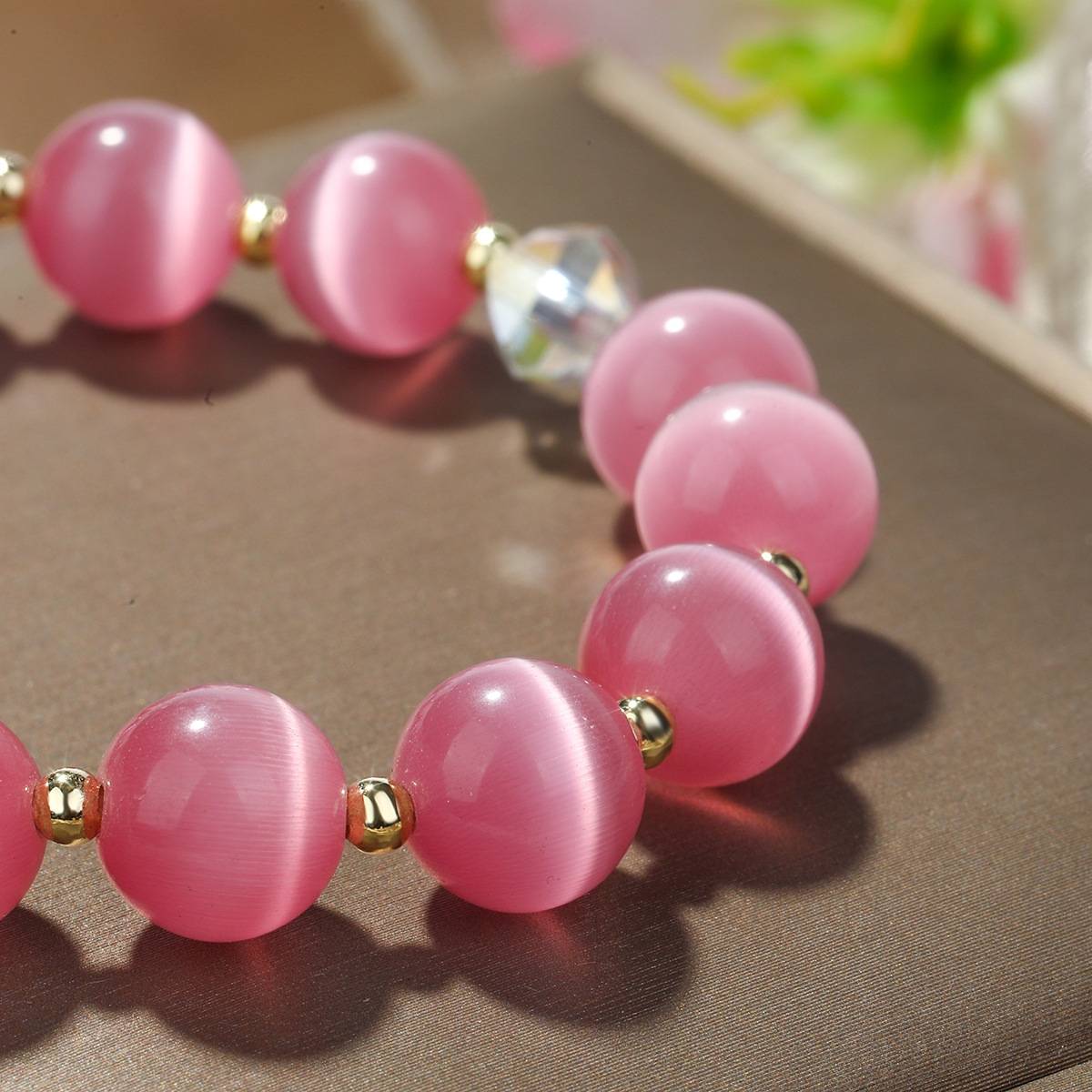 S2204-5 Pink Cat's Eye Crystal Beaded Bracelet Women's Natural Crystal Bracelet