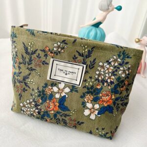 Retro Corduroy Makeup Bag Flower Travel Portable Wash Bag