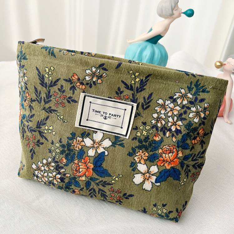 Retro Corduroy Makeup Bag Flower Travel Portable Wash Bag