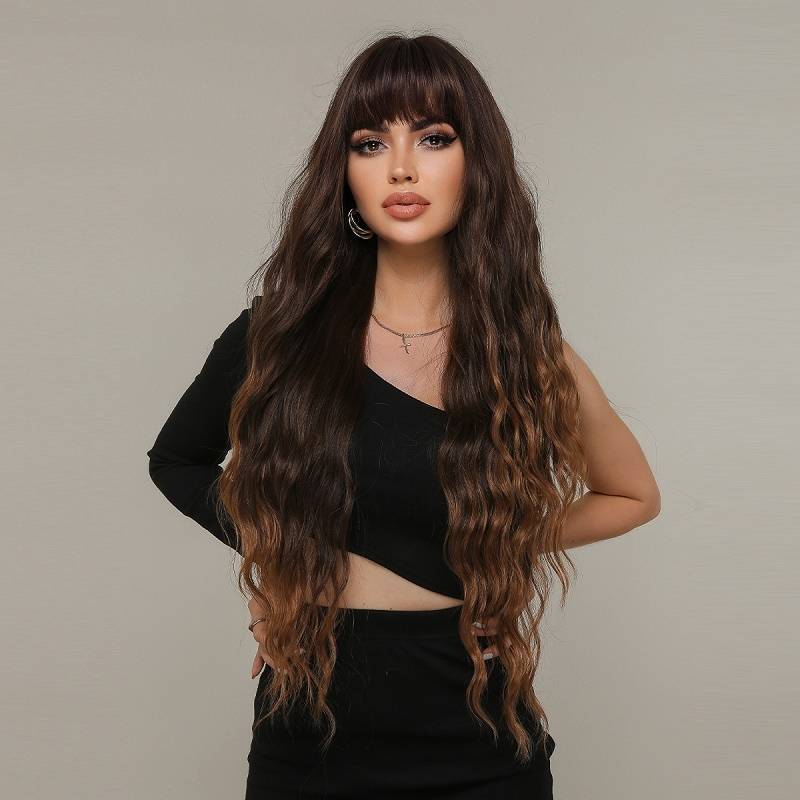 Women's wig with bangs Long hair gradient fluffy water wavy hair wig