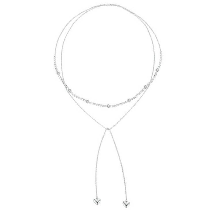 S925 Sterling Silver Plated Platinum Heart Double Layer Sweater Necklace