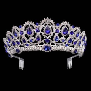 Crystal Headwear Retro Gold Diamond Beauty Crown and Comb Baroque Wedding Hair Accessories (Silver Blue)