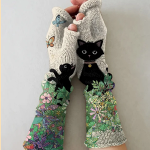 RETRO CAT CASUAL PRINT KNIT FINGERLESS GLOVES
