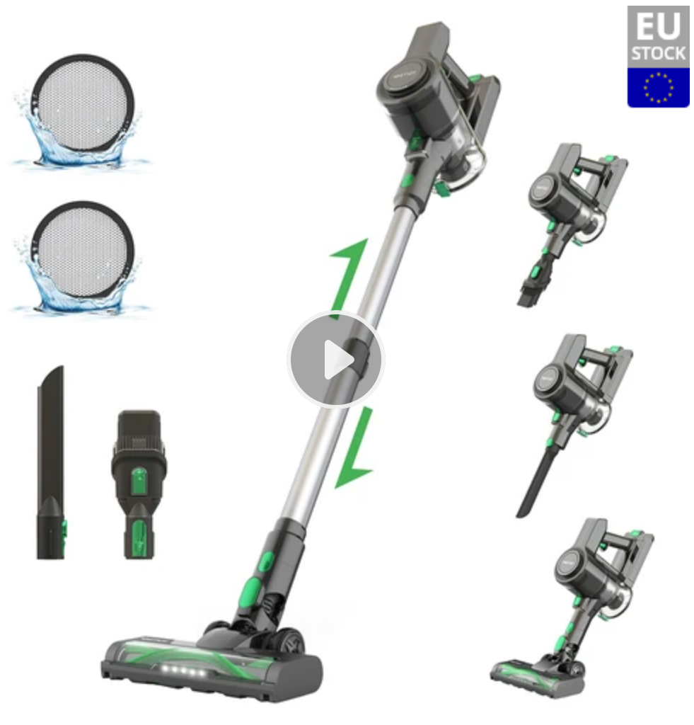 Vactidy V9 Cordless Vacuum Cleaner, 25KPa Suction 1L Dustbin 5 Layers Filtration System 2200mAh Removable Battery Up to 45min Runtime One-Button Empty